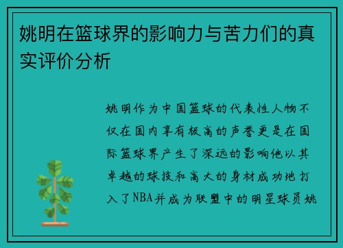 姚明在篮球界的影响力与苦力们的真实评价分析